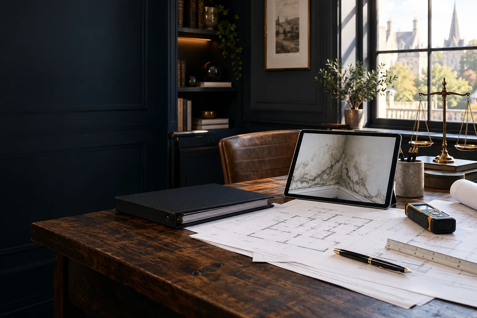 Escena ilustrativa de asesoramiento técnico: planos, documentación, tablet y balanza